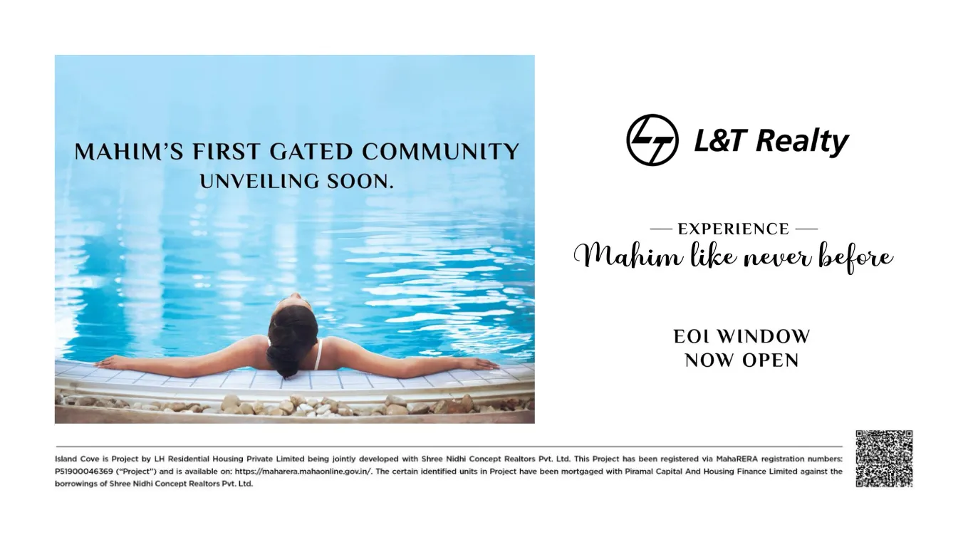 Promotional banner for L&T Realty's Mahim project, highlighting the luxurious lifestyle of Mahim like never before, with a visual of a person enjoying the serene pool at L&T Island Cove.